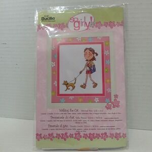 Bucilla So Girly! 43931 Walking the Cat Counted Cross Stitch Kit 5.25" 6.5" New